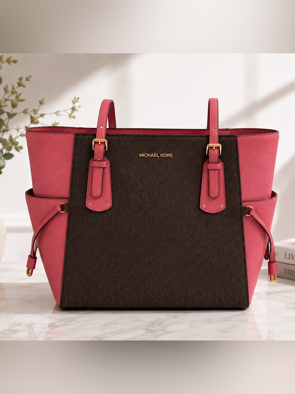 Michael Kors Brown Monogram Tote with Pink Trim